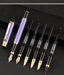Detail of purple textured fountain pen set with five interchangeable golden nibs