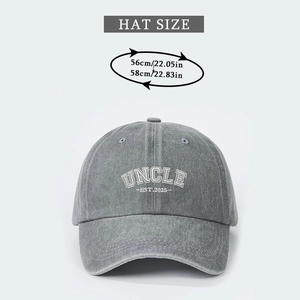 Macro detail of Uncle 2025 embroidery on washed grey cotton baseball hat with size chart