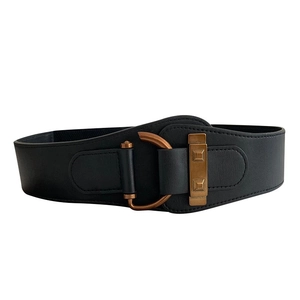Chic black elastic waist belt with vintage bronze metal buckle for coats and blazers