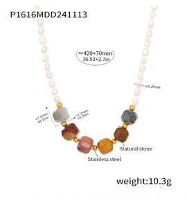 Detail of freshwater pearl and multi-color natural stone necklace with stainless steel beads