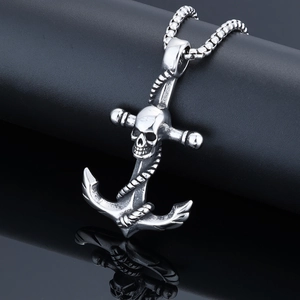Vintage stainless steel anchor skull pendant necklace with silver bead chain for men