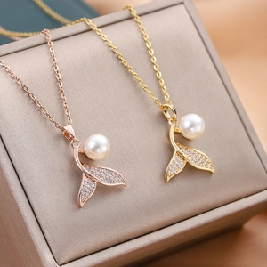 Mermaid Tail Artificial Pearl Pendant Necklace Stainless Steel Zircon Elegant Minimalist Jewelry For Women