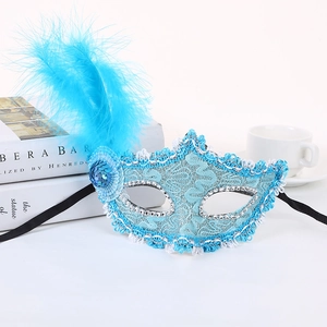 Light blue lace masquerade mask with side feathers and sequins for party performance