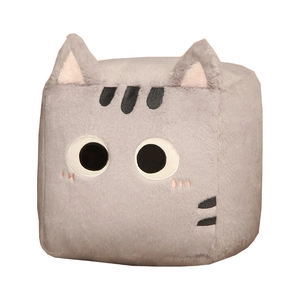 Square grey cat plush toy with black stripes and 3D ears on a plain white background