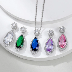 Waterdrop pear cut colorful gemstone necklace and earrings set in five elegant colors
