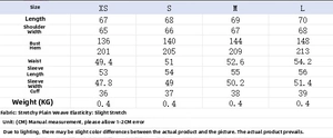 Size chart for women's chiffon shirt with bust and sleeve measurements from XS to L