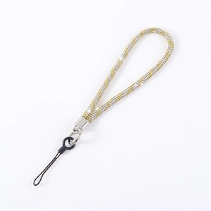 Luxury silver and yellow rhinestone chain phone lanyard with wrist strap and metal clasp