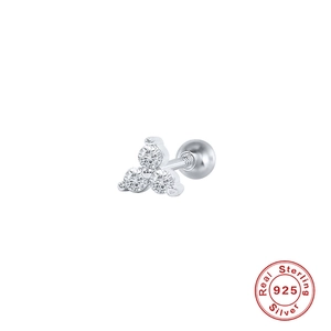 Close-up of S925 sterling silver clover stud earring with sparkling round zircon crystals