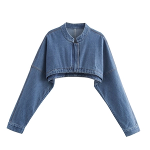 Women Cropped Denim Jacket Round Neck Long Sleeve Drop Shoulder Vintage Wash Shrug Bolero Outerwear