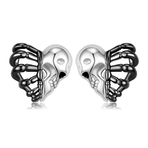 Gothic S925 silver heart stud earrings with silver skull and black ribcage design
