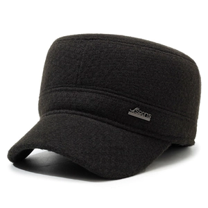 Men's winter wool flat top cap in dark coffee brown with warm ear protection