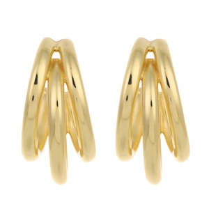 Polished gold geometric triple-layer C-shaped hoop earrings with a sleek metallic finish