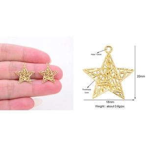 Golden hollow star-shaped copper pendant charms with detailed size measurements