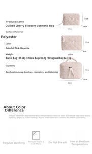 Detailed view of quilted cherry blossom cosmetic bags in three sizes with dimensions