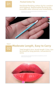 Detailed view of disposable lip brush showing dimensions 9.3cm length and 1.2cm flocking tip