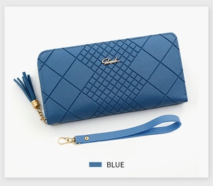 Blue long wallet featuring diamond quilted texture, gold tassel zipper, and wrist strap