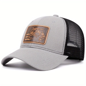 Retro grey trucker hat with leopard leather patch and breathable black mesh back