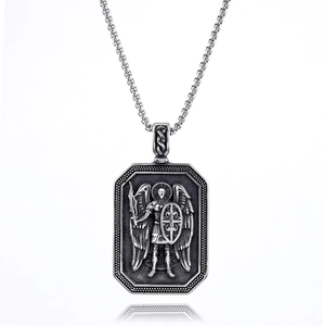 Vintage Archangel Michael knight shield pendant necklace in polished stainless steel