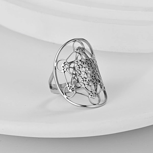 Metatron's Cube stainless steel open ring with sacred geometry hollow design in silver finish