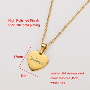 Macro detail of 18K gold plated heart pendant with Soulmate engraving and specifications