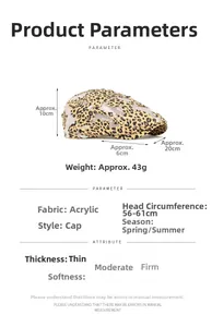 Detailed chart showing leopard mesh beret dimensions and breathable acrylic fabric specs