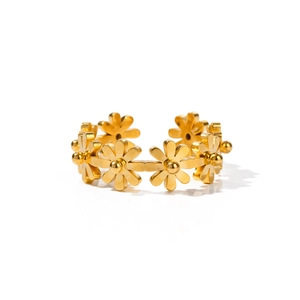 Minimalist 18K gold plated stainless steel open ring with daisy flower pattern