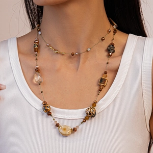 Vintage Beaded Necklace Ceramic Glass Alloy Beads Butterfly Pendant Long Chain Retro Style Jewelry For Women