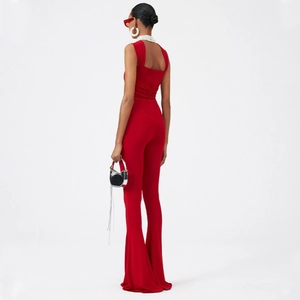Sleeveless red flare jumpsuit with waist ruching and elegant open back for women