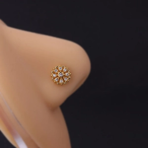 Titanium steel L-shape nose stud with gold flower design and sparkling cubic zirconia