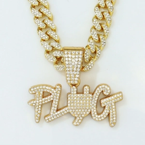 Iced out gold PLUG letter pendant with Cuban link chain for hip hop street style