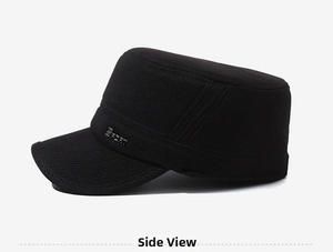 Detail view of black wool winter cadet hat for men featuring sport metal logo ornament