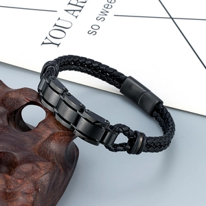 Men's fashion braided black leather bracelet with stainless steel magnetic clasp