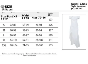 Detaillierte Größentabelle für elegantes schulterfreies Kleid mit Schlitz in Zentimetern