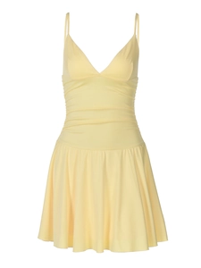 Pale yellow V-neck camisole dress with pleated waist and A-line short skirt