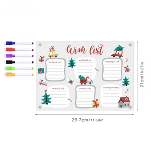 Detail view of acrylic Christmas wish list board with six colored markers and size specs