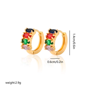 Detailed view of gold hoop earrings with multi-colored marquise crystals and dimensions