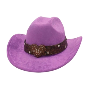 Detail of purple faux suede western hat with rhinestone heart buckle and brown leather band