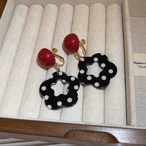 French oil painting style red dome earrings with black and white polka dot flower charms