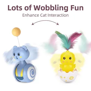 Tumbler cat toy set with blue bear and yellow chick featuring colorful feathers