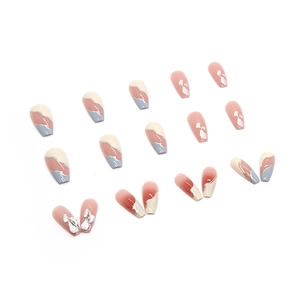 Pink and blue marble coffin press-on nails set with silver diamond rhinestone accents