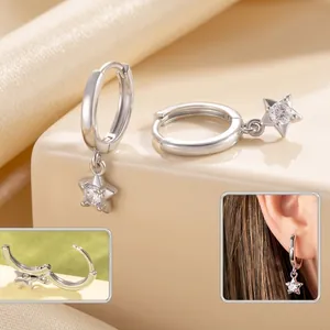 Boucles D'oreilles Créoles Pendentif Étoile Cuivre Zircone Cubique Style Doux Couleur Argent Bijoux Pour Femmes Filles