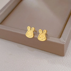 Gold rabbit smiley face stud earrings in titanium steel for women and men
