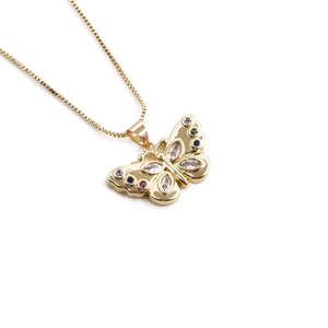 Golden butterfly pendant necklace with colorful zircon stones on thin gold chain