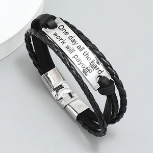 Men's multilayer braided leather bracelet with engraved silver metal bar and magnetic clasp