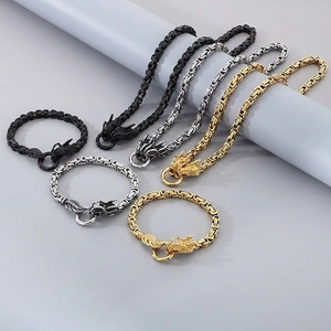 Men's Hip Hop Stainless Steel Dragon Head Byzantine Chain Necklace Bracelet Jewelry Set Chinese Zodiac Dragon Jewelry Accessory