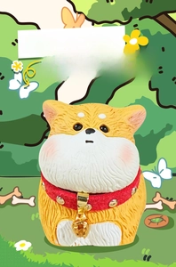 Close-up of Shiba Inu figurine showing realistic fluffy fur texture and red bell collar