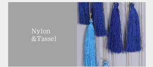 Detail of blue nylon tassels for a vintage dream catcher and wall hanging decor