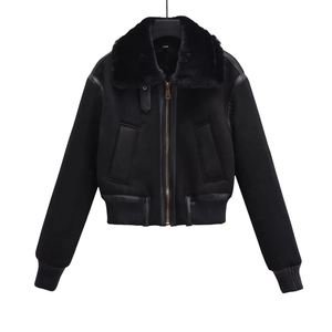 Women Faux Suede Aviator Jacket With Faux Fur Collar Shearling Lined Zip Up Streetwear Winter Outerwear Coat