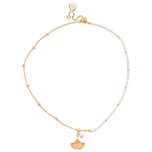 Gold plated ginkgo leaf and pearl necklace with asymmetric chain design for women