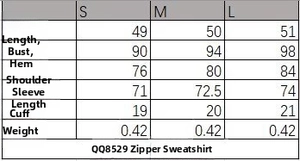 Detailed size chart for zip-up fleece hoodie and pant set with measurements from S to L
